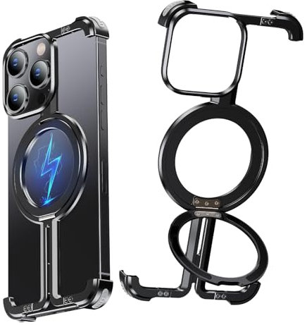 NIFBANG Rahmenlose Aluminium für iPhone 15 PRO Hülle,Magnetisch Stoßfest Handyhülle mit Magsafe,Anti-Scratch Anti-Fingerprint hüllen Dünn,Schutzhülle mit Integrierter Ständer (Schwarz)