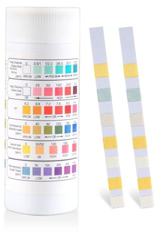 Pool PH Teststreifen, 100 Stück Teststreifen für Pool, 6 IN 1 Wassertester, Teststreifen für pH-Wert/Brom/freies Chlor/Gesamtalkalität/Gesamthärte/Cyanursäure, für Swimming Pool Spa Whirlpool