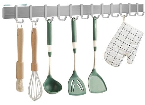 ACIELANNA Porta Utensili da Cucina senza forare, Barra Portautensili Cucina, Porta Utensili Cucina da Parete con 12 Ganci Mobili | Alluminio | 58cm | Argento