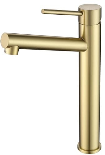 Tondiy Grifo Baño Alto Oro, Ángulo de Salida de Agua Cómodo, Grifería para Lavabo de Encimera, Mezclador Monomando con Caño Alto, Acero Inoxidable 304, Aireador Extraíble, Agua Fría y Caliente, Dorado