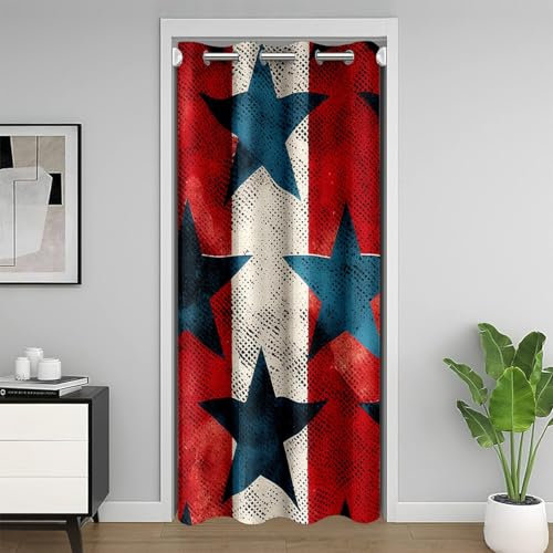 Homewish Western Texas Star Door Curtain For Doorway Privacy,Vintage Blackout Curtain,Blue Stars Door Drape,Red White Striped Room Divider Curtain 52 W x 80 L