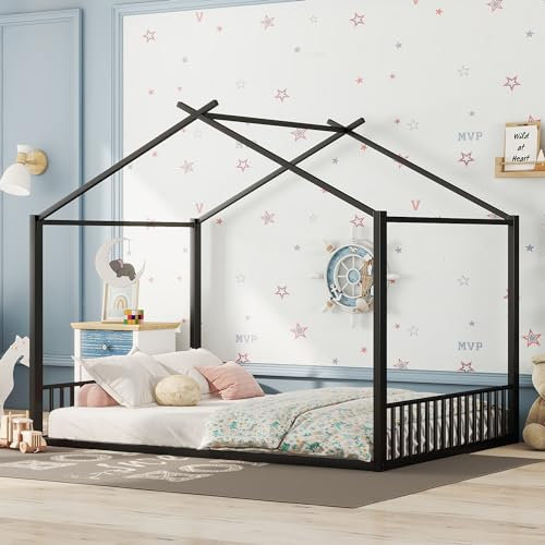 Dolamaní Bodenbett Kinder Schwarz Metall 140x200 cm, Kinderbett Hausbett mit beidseitigem Rausfallschutz, Bett Bodentief Jugendzimmer