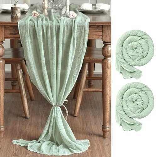 Artoid Mode Boho Gaze Käsetuch Salbei Grün 2 Stück Tischläufer 80x300 cm, Küche Tisch Dekoration Drinnen Urlaub Hochzeit Party Geburtstag Dekor