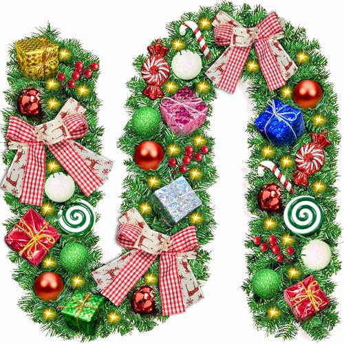 ZQEJEFD Ghirlanda Natalizia 2,7M Ghirlanda Natalizia per Porta Decorativa con 50 LED Luce,Ghirlanda di Natale Artificiale,Ghirlande Artificiali Illuminate con Accessori Bianco e Rosso,per Camino Scale
