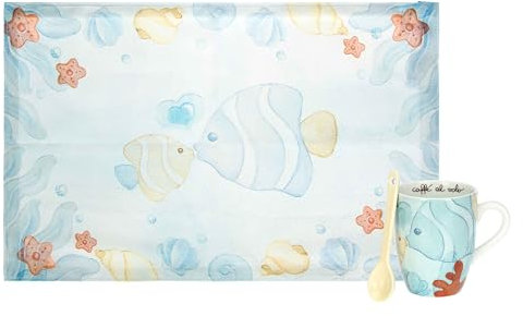 THUN, Mug in Porcellana con Tovaglietta in Cotone Linea Mare da Amare, Idea Regalo per la Cucina, Ø 8.5 cm, 300 ml di Capienza