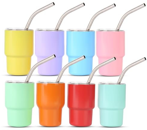 Primo Lines 8 Pack Mini Tumbler with Straw, 3oz Mini Tumbler Shot Glass with Lid, Colored Small Stainless Steel Insulated Sublimation Shot Glasses for Bachelorette Wedding Party Hot & Cold