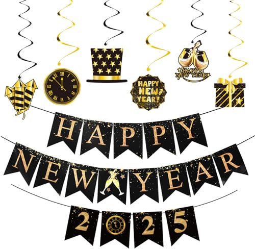 Silvester Deko 2025 Girlande Banner, Happy New Year Girlande Schwarz Gold, Neujahr Deko Hängende Wirbel für Silvester Dekoration, Neujahrsdeko Girlanden,Silvesterdeko,2025 Silvester Party Deko Zubehör