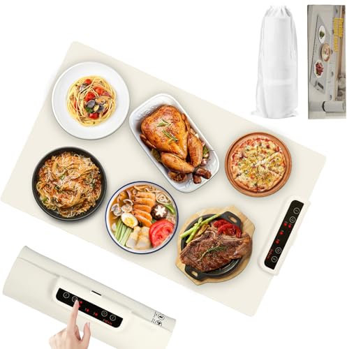 Bandeja de Calentamiento Eléctrico, Calentador Alimentos Portatil Silicona Plegabl Placa Calentadora con 3 Ajustes de Temperatura y Temporizador, para Bufés, Familia, Fiestas, Eventos (Blanco)