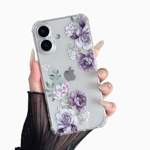DEFBSC Compatible with iPhone 16 Case, Clear Floral Flower Pattern Print Design for Girls Women Flexible Shockproof Soft TPU Bumper Protective Phone Case - Purple Peony