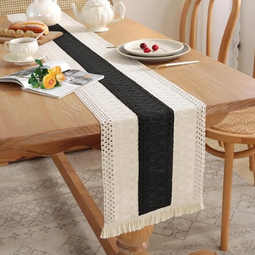 Figarge Makramee Tischläufer Beige Tischläufer Boho mit Quasten 30x183 cm, Häkelspitze Tischläufer für Deko Boho, Hochzeit Party, Esstisch Dekor-Abwaschbar (Schwarz, 240X30 cm)
