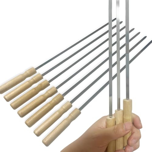 vriysei 16 tum kabobspett 10 st, återanvändbara trähandtag isolerade metallspett för grillning, premium rostfritt stål platt grillspett set