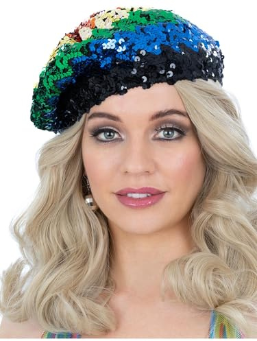 Smiffys Sequin Beret, Rainbow, 1970's Disco Fancy Dress, 1970s Disco Dress Up Hats