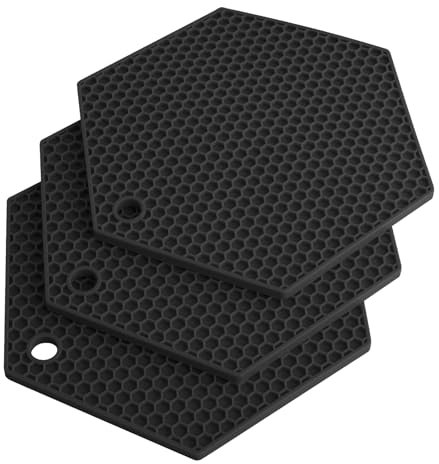 Extra Thick Silicone Trivet Mat Heat Resistant Multi-purpose None slip Table Place Mats for Hot Pots Holder,Pads,Pans,Dishes,Spoon rest,Coasters for Kitchen Cooking & Dining(3pcs Pack)(Hexagon-Black)