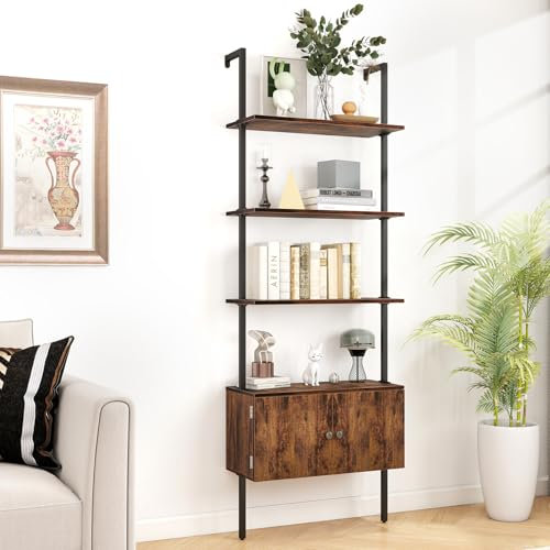 CAMOAT Estantería de escalera de 4 niveles, estantería de pared con estantes de madera, marco de metal marrón y negro (4 niveles)