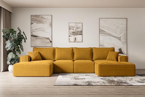 ALTDECOR Ecksofa mit Schlaffunktion U-Form Sierra-U-S 349x161x87 - Senfgelb | Corner Sofa Bett Eckcouch Couch Wohnlandschaft Cauchsofa