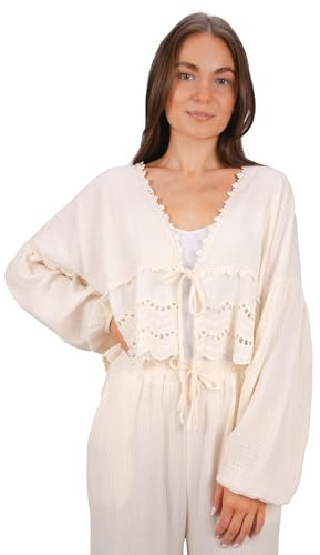 Musselin Bluse mit Bordüre zum Binden, Spitze & Bindeband – im Boho Stil Frühling/Sommer - Laura (Creme)