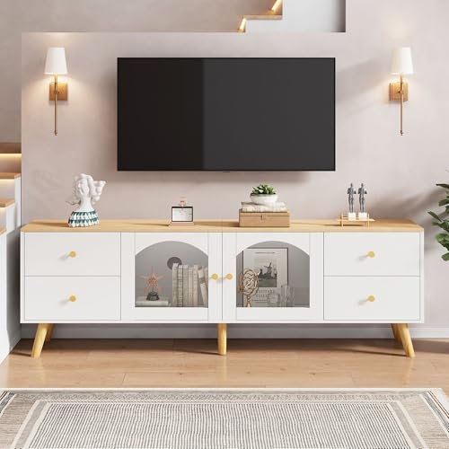 Jaxenor Meuble TV de 160 cm avec 2 portes latérales en verre trempé, meuble TV avec espace de rangement, meuble TV moderne pour salon et salle à manger, meuble TV avec design incurvé, blanc et couleur