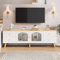Jaxenor Meuble TV de 160 cm avec 2 portes latérales en verre trempé, meuble TV avec espace de rangement, meuble TV moderne pour salon et salle à manger, meuble TV avec design incurvé, blanc et couleur