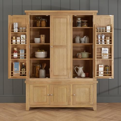 Cheshire Whitewash Oak | Large Triple Kitchen Larder Pantry Cupboard | Freestanding Storage Unit | Solid Wood | Country Style | Minor Assembly | H 1900 x W 1400 x D 570mm