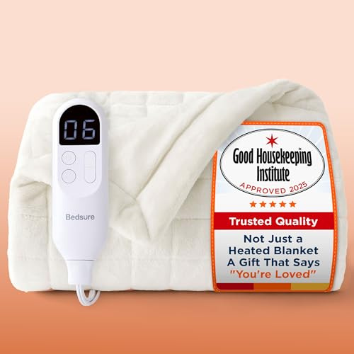 Bedsure Electric Blanket Heated Throw - Quilted, 160x130cm, White | Quilted box-stitch design with 6 heat settings and 10-hour timer with automatic shut-off