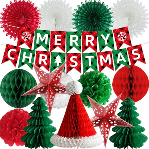 Fabuloustrim Christmas Decorations Set, Paper Xmas Party Decor, Indoor Outdoor Hanging Decorations, Vintage Honeycomb Christmas Tree Home Decoration for Winter Festival, New Year and Family Party