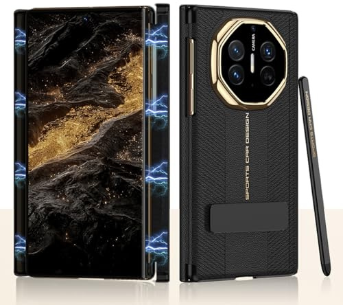 COQUE Hülle für Mate XT, 3-Fach magnetische Lederhülle mit Displayschutzfolie vorne + Halterung, Handyhülle mit Eingabestift für Huawei Mate XT-Schwarz
