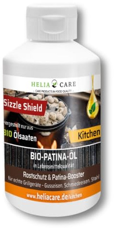 HeliaCARE BIO Einbrenn‑ & Patina Öl „Sizzle Shield“ - Nachhaltige Gussrost Pflege - Premium Dutch Oven Zubehör - Patinaöl für Smoker & BBQ - Grill Gusseisen Pflege aus Deutschland (250ml)