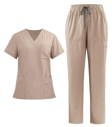 HonorHut Care Scrubs Set V-Neck Short Sleeve Tunic Top with Trousers 2 Piece Medical Uniform Multi Pockets Beautician Doctor Cosmetic SPA Hospital Work Wear