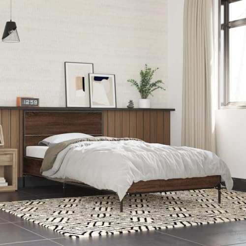 QJBSAVVA Jugendbett 90×190 cm, Braun Eiche, Holz+Metallbeine, Lattenrost, Kopfteil, Gäste-/Jugendzimmer/Home-Office