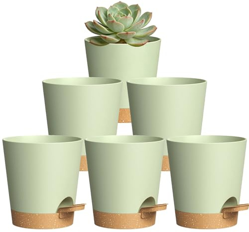 ZBXSNK 6 Pcs Self Watering Plant Pots Indoor, 10cm Small Plastic Flower Pots with Drainage Holes Saucer & Reservoir, Indoor Plant Pot for House Plants, Herbs, Succulents and Outdoor Garden