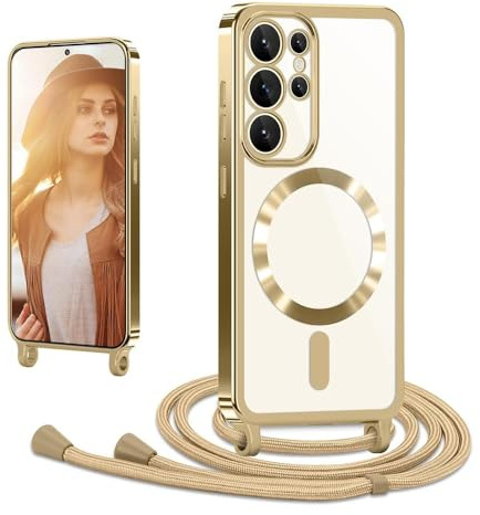 CaseLover Coque avec Cordon pour Samsung Galaxy S26 Ultra 5G, Coque Magnétique de Cellulaire Corde Transparent Silicone Étui en Galvanisé avec Réglable Collier Téléphone Chaîne Lanyard Housse, Or
