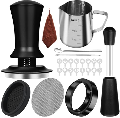 Y-Step Kaffee Tamper 53mm Set, 25-teiliges Barista Zubehör Set mit Dosierring 53mm, Puck Screen 53mm, Barista Tuch, WDT Tool, Kaffeerührer, Tampermatte, Latte Art Set, Milchkännchen