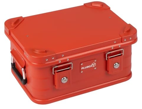 Alubox Alukiste Abschließbar E18-RED - Premium Aluminium Werkzeugtruhe 18 Liter - Rot Pulverbeschichtet - Deckel mit Aluminium Druckguss Stapelecken und Gummidichtung - Inklusive Schlösser