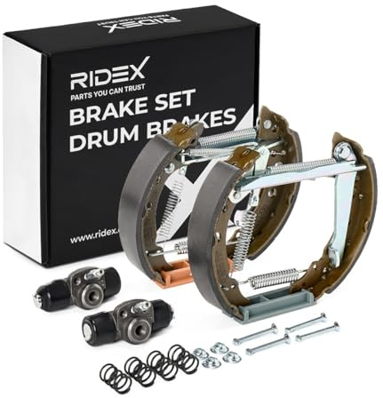 RIDEX 3859B0238 Bremsenset Trommelbremse Bremsbacken Satz mit Radbremszylinder mit Handbremshebel Hinten Kompatibel mit VW Golf 2 19E, 1G1 Golf 1 Cabriolet 155 Polo Coupe 86C, 80 Golf 1 17