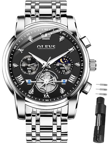 OLEVS Herren Uhren Luxus 42mm Große Quarz Edelstahlarmband 30M Wasserdicht | Armbanduhr Herren Business Chronograph mit Mondphase Luminous Zifferblatt Luxu Speziell für Männer Entwickelt
