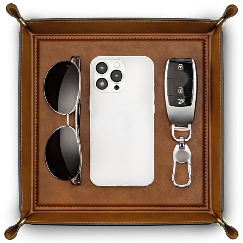 VLANDO Valet Tray for Men Women, Foldable Large Organiser for Catchall | 28×28cm, Holds Keys Coins Watch, for Desk Drawer Vanity, PU Leather, Metal Poppers, Portable, Gift-Ready