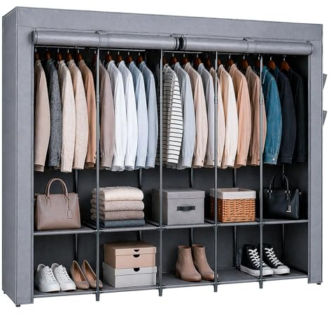 Harbour Housewares Portable Fabric Wardrobe - Grey -211x45x167cm Clothes Storage Closet with Hanging Rails, Shelves & Side Pockets, Zipped Cover, Lightweight Freestanding Clothing Organiser