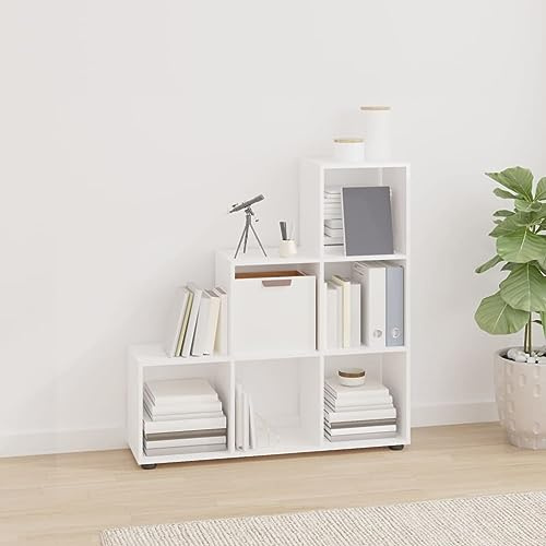 Plumbpyr Estantería para escaleras de 107 cm, color blanco brillante, de madera, con 6 compartimentos, versátil y divisor para salón, oficina, pasillo, habitación infantil, almacenamiento óptimo y