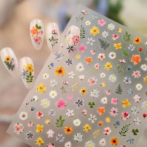 Nagelsticker mit Trockenblumenmotiv, florale Nagelaufkleber, 5D-geprägtes, farbenfrohes Gänseblümchen-Kirschblüten-Nageldesign, Frühlings-Nagelkunstzubehör für Frauen und Mädchen