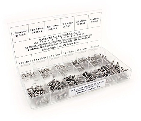 Sortimentskasten mit 300 Stück Blechschrauben nach DIN 7981-TX aus Edelstahl A2 (ab 2,2x6,5mm), Innensechsrund (TX), Linsenkopf. Minischrauben Sortiment inkl. beschrifteter Box