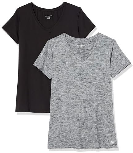 Amazon Essentials Damen Active Quick Dry Tech Stretch Kurzarm-T-Shirt mit V-Ausschnitt (in Übergröße erhältlich), 2er-Pack, Kohlegrau Space-dye/Schwarz, XXL