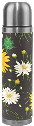 Mnsruu Yellow Sunflowers Isolierte Wasserflasche Thermoskanne Edelstahl Doppelwandig Auslaufsicher Vakuum Reise Echtes Leder Abdeckung 500 ml