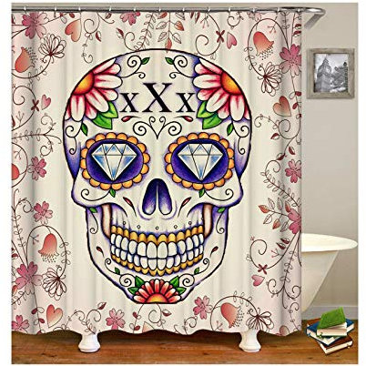 ANAZOZ Rideau de Douche 90x180CM 3D Imprimé Anti Moisissure Impermeable Fleur Crâne Tête de Mort pour Baignoire et Salle de Bains