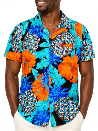 King Kameha Funky Hawaii-Hemd Herren Kurzarm Front-Tasche Stylish Tropisch Strand Urlaub Palmen Unisex
