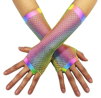 ZUYPSK Damen Fingerlose Handschuhe Armstulpen Regenbogen Bunt Farbe Netzhandschuhe Party Fasching Karneval Kostüme Zubehör