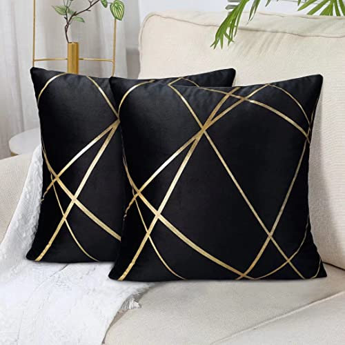 45 x 45 cm Samt Kissenbezug Schwarz 2er Set Golden Geometrie Outdoor Dekokissen Kissenhülle Sofakissen Couchkissen Dekorative Kissen Kissenbezüge Moderne Zierkissen Bezug für Schlafzimmer Sofa