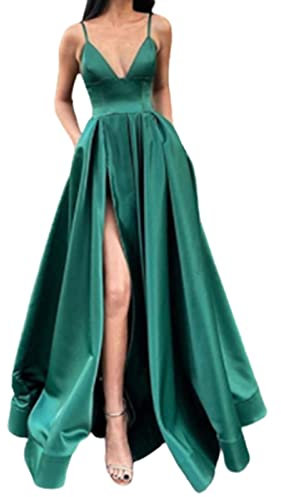 Wygwlg One Shoulder Satin Maxi Dress, Women Split Sexy Long Evening Dress, Plus Size (Color : Green, Size : 10)