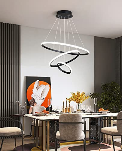 WERSVG 3-Ring LED Pendelleuchte Moderne LED-Hängelampe Dimmbar mit Fernbedienung Deckenleuchte Höhenverstellbar Kronleuchter 69W LED-Ringleuchte für Wohnzimmer Schlafzimmer Esszimmer (Schwarz)