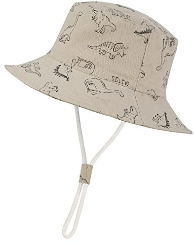 Durio Baby Sonnenhut Kinder Sonnenmütze Junge Mädchen Atmungsaktiv Sommerhut Kinder UV-Schutz mit Bindebändern Khaki mit Dinosaurier 6-12 Monate(Tag Size S)