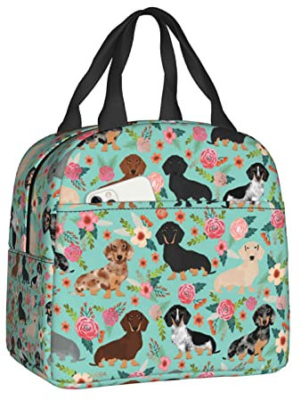 Dachshund Sausage Dogs Pink Flowers Lunch Bag Insulated Water-Resistant Tote Bag Reusable Lunch Box For Picnic Travel